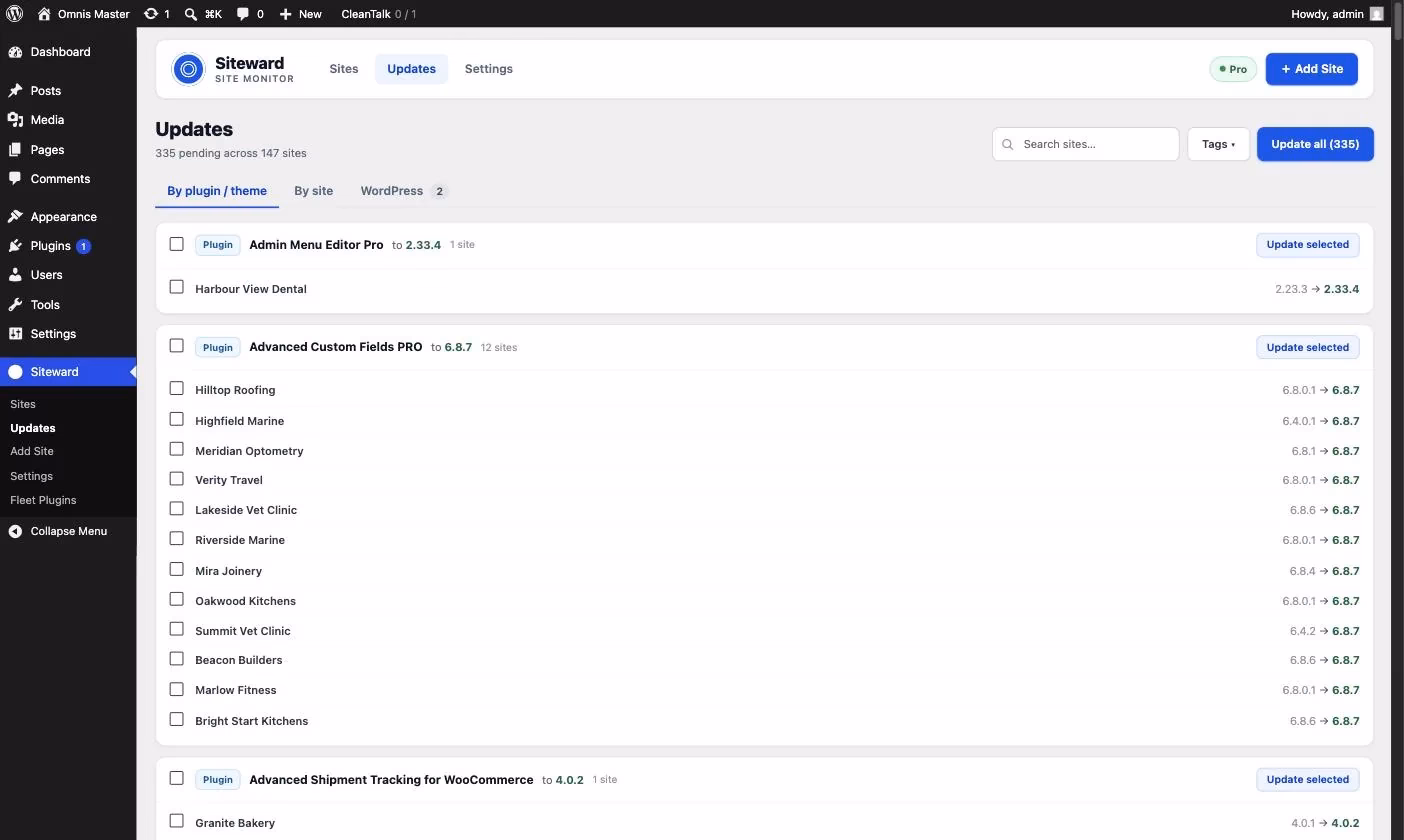 Updates screen grouping pending plugin updates by plugin, with current and new versions for each site