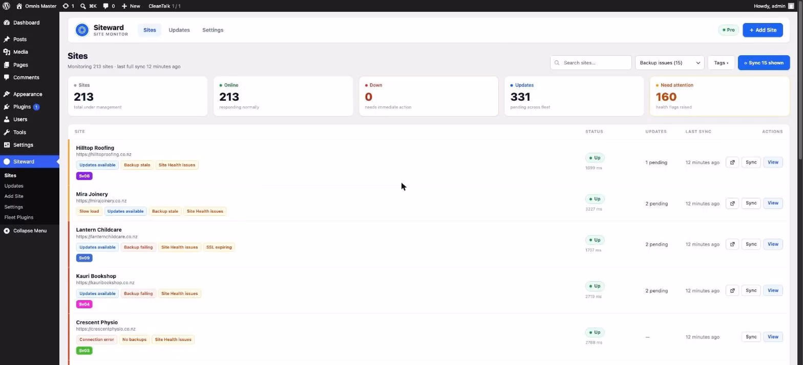 Site list filtered to backup issues, showing stale, failing and missing backup flags
