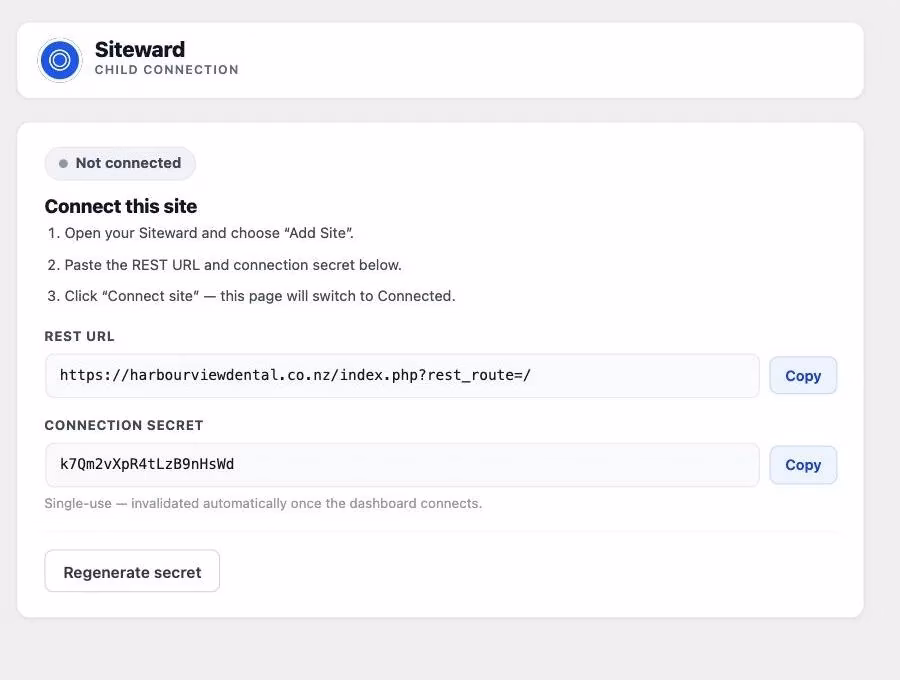 Site connection screen with a REST URL and a single-use connection secret